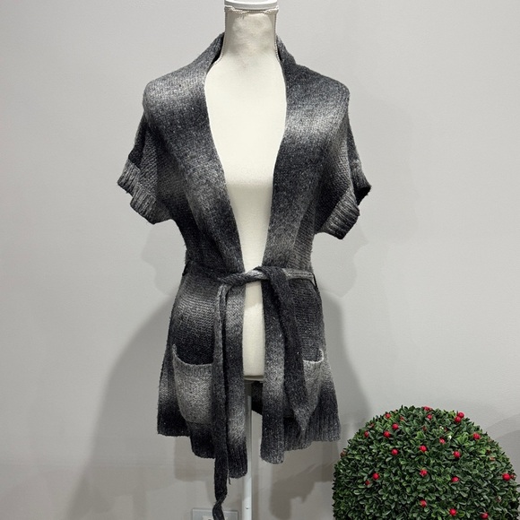 Cache Sweaters - Cache Open-Front Short Sleeve Belted Cardigan - Gray Ombre Sz M